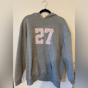 gray and pink embroidered hoodie